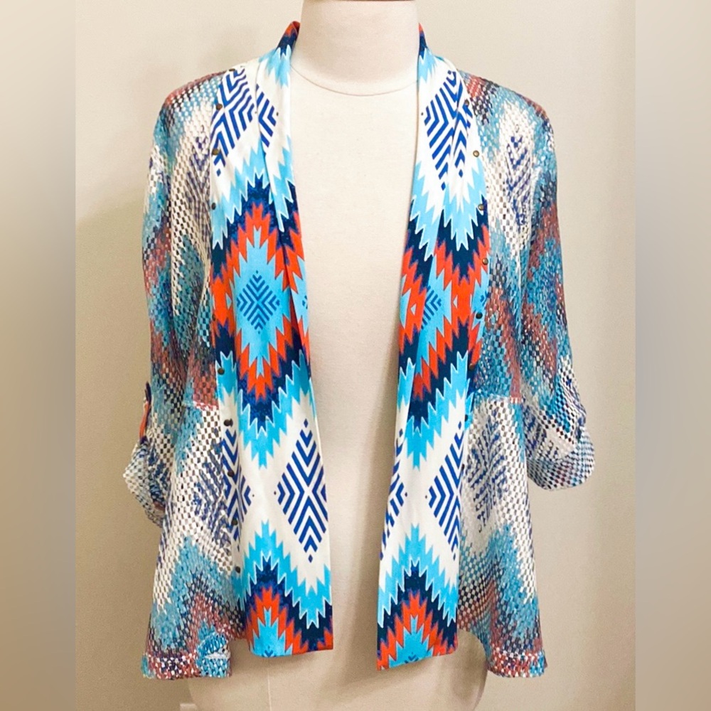 Multiples Blue White Red Aztec SZ PM Desert Cowgirl Western Perforated Cardigan